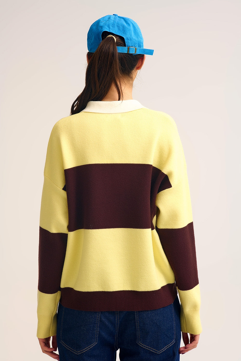 Yellow Knit Polo Sweater with Brown Stripes