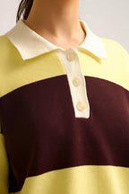Yellow Knit Polo Sweater with Brown Stripes