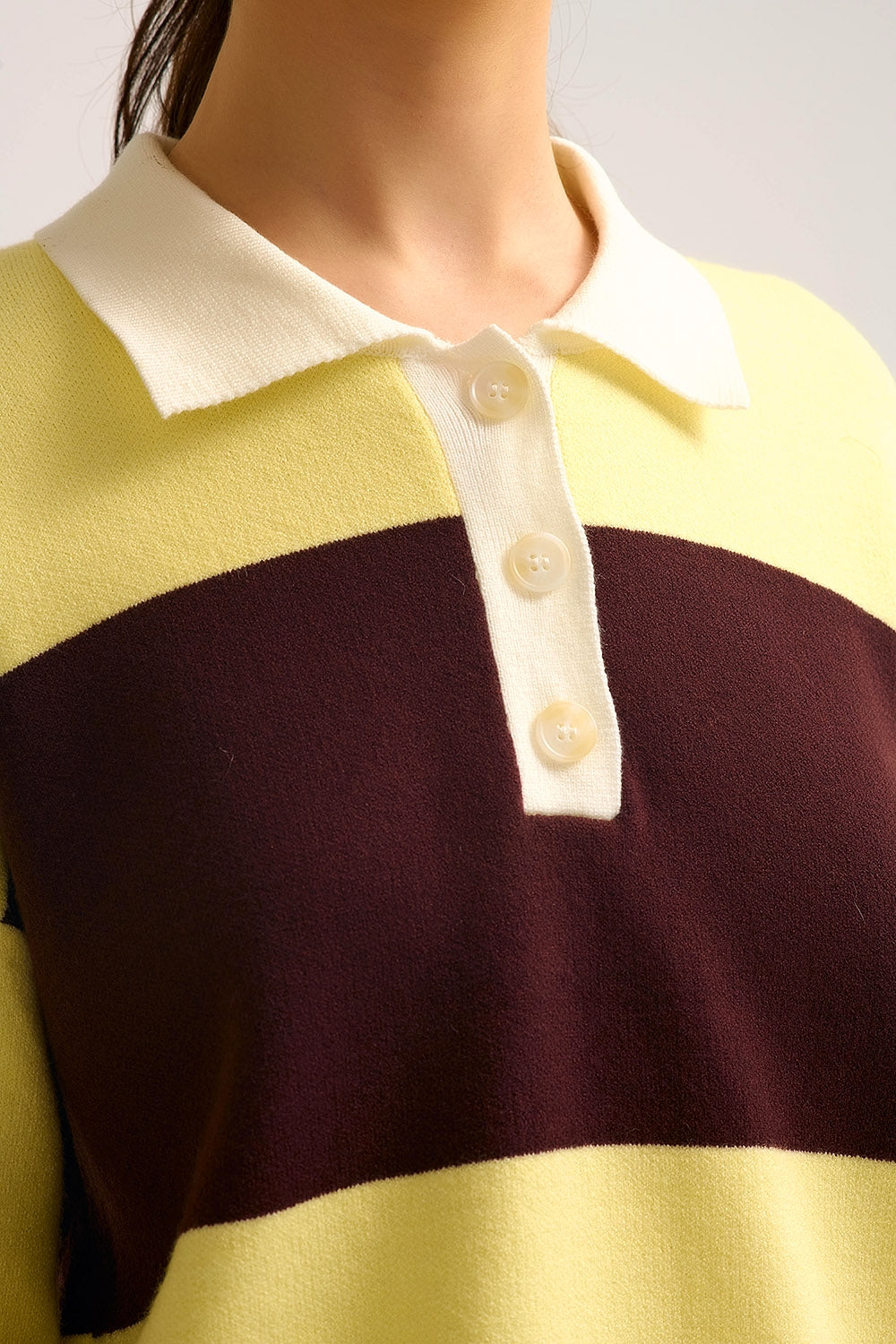 Yellow Knit Polo Sweater with Brown Stripes