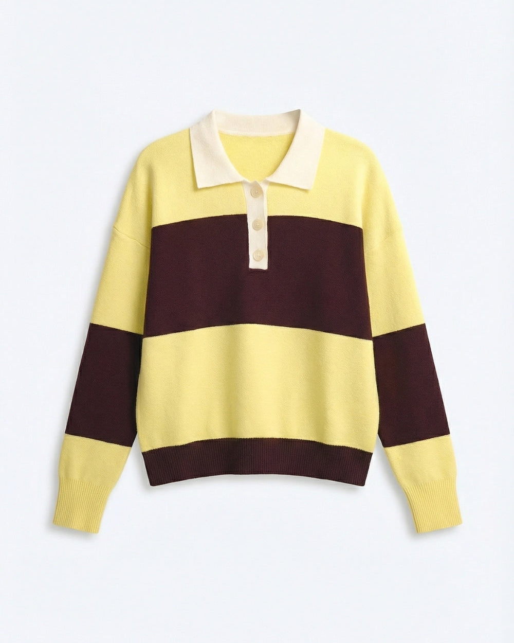 Yellow Knit Polo Sweater with Brown Stripes