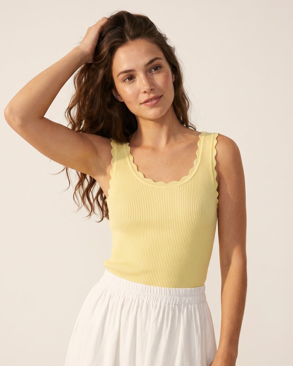 Yellow Ribbed Knit Tank Top with Scalloped Edges