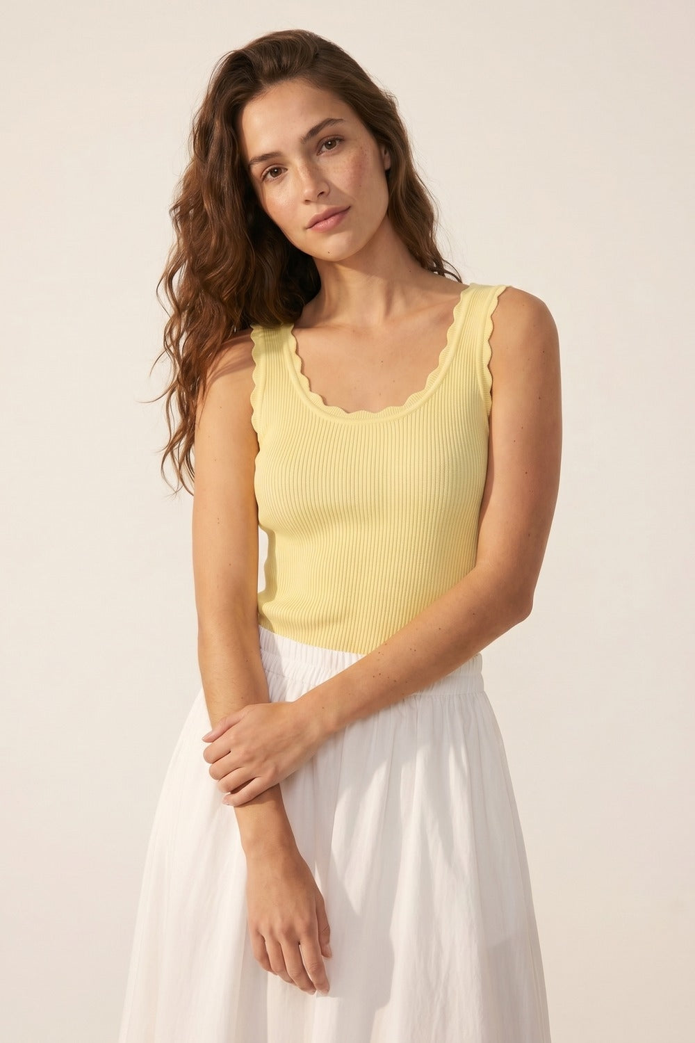 Yellow Ribbed Knit Tank Top with Scalloped Edges