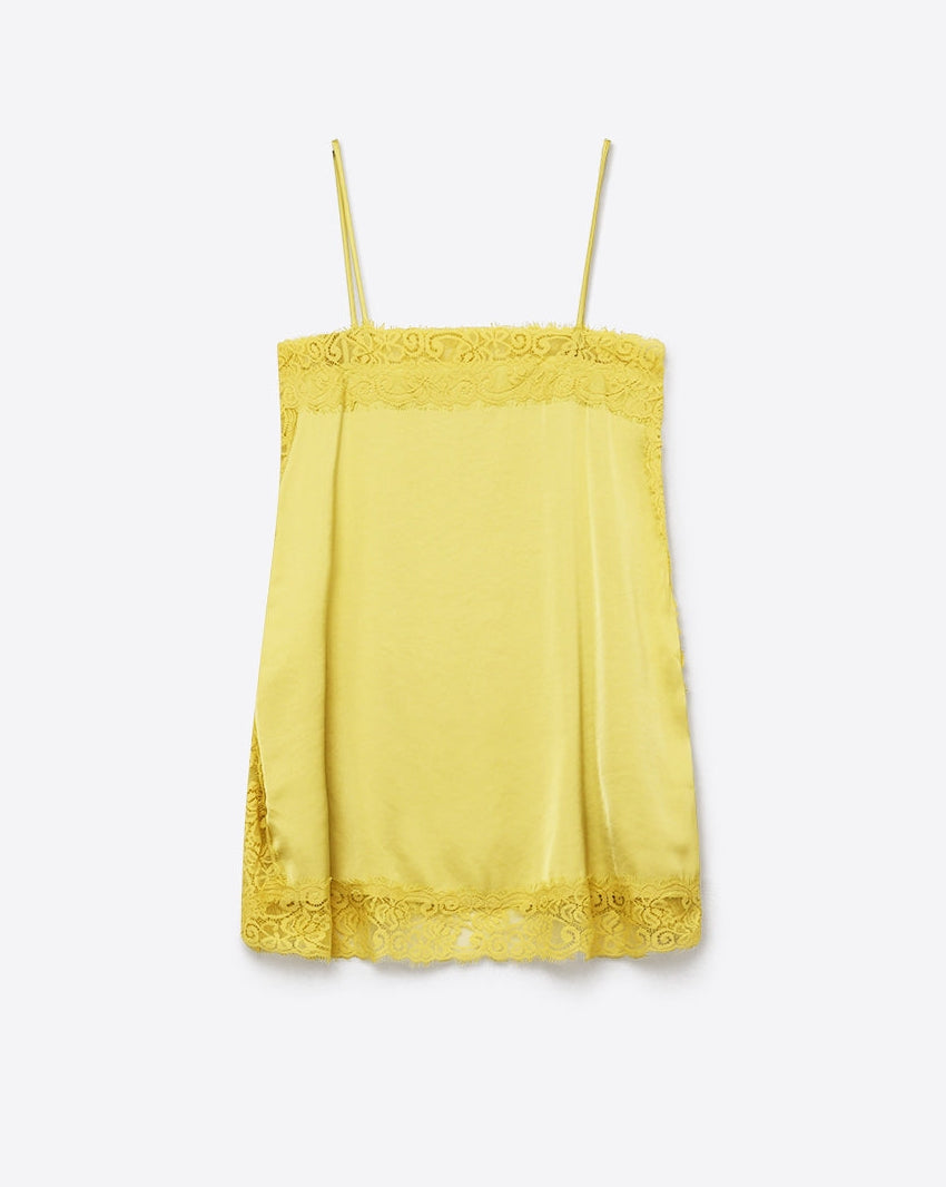 Yellow Satin Slip Top with Lace Trim Details
