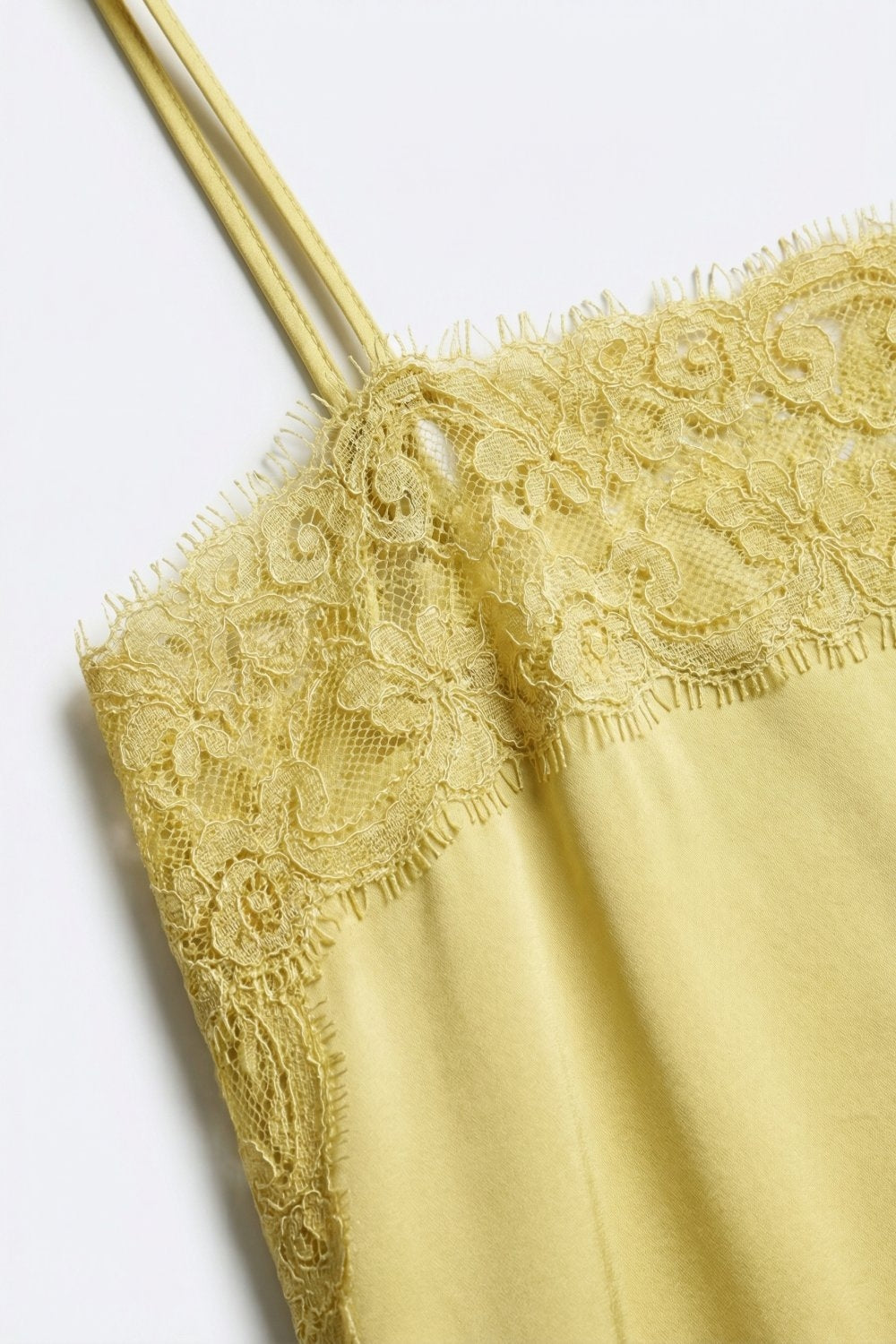 Yellow Satin Slip Top with Lace Trim Details