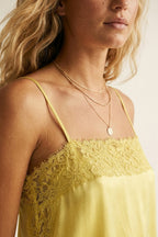 Yellow Satin Slip Top with Lace Trim Details