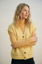 Yellow Sleeveless Cardigan with Lace Insert and Silver Buttons