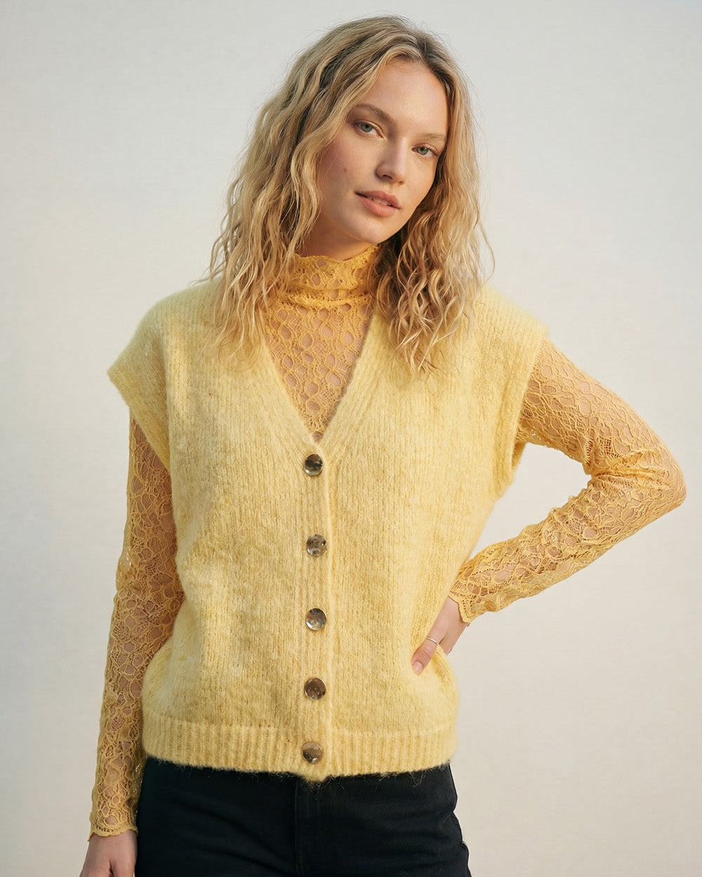 Yellow Sleeveless Cardigan with Lace Insert and Silver Buttons