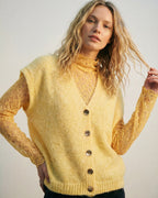 Yellow Sleeveless Cardigan with Lace Insert and Silver Buttons