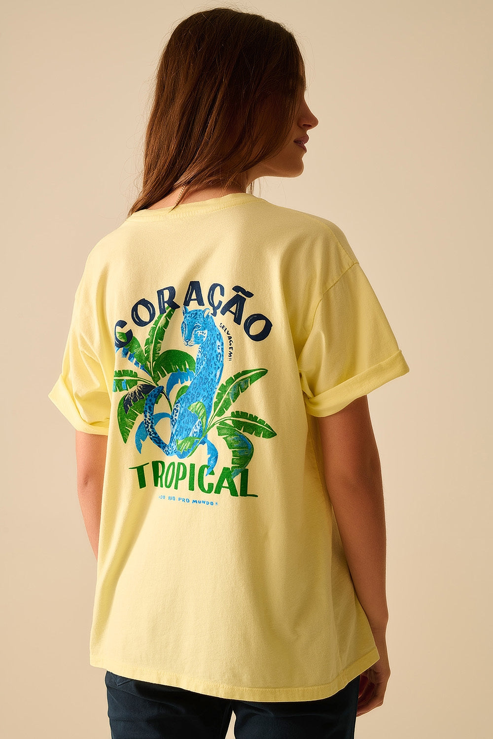 Yellow T-Shirt with Tropical Graphic Print