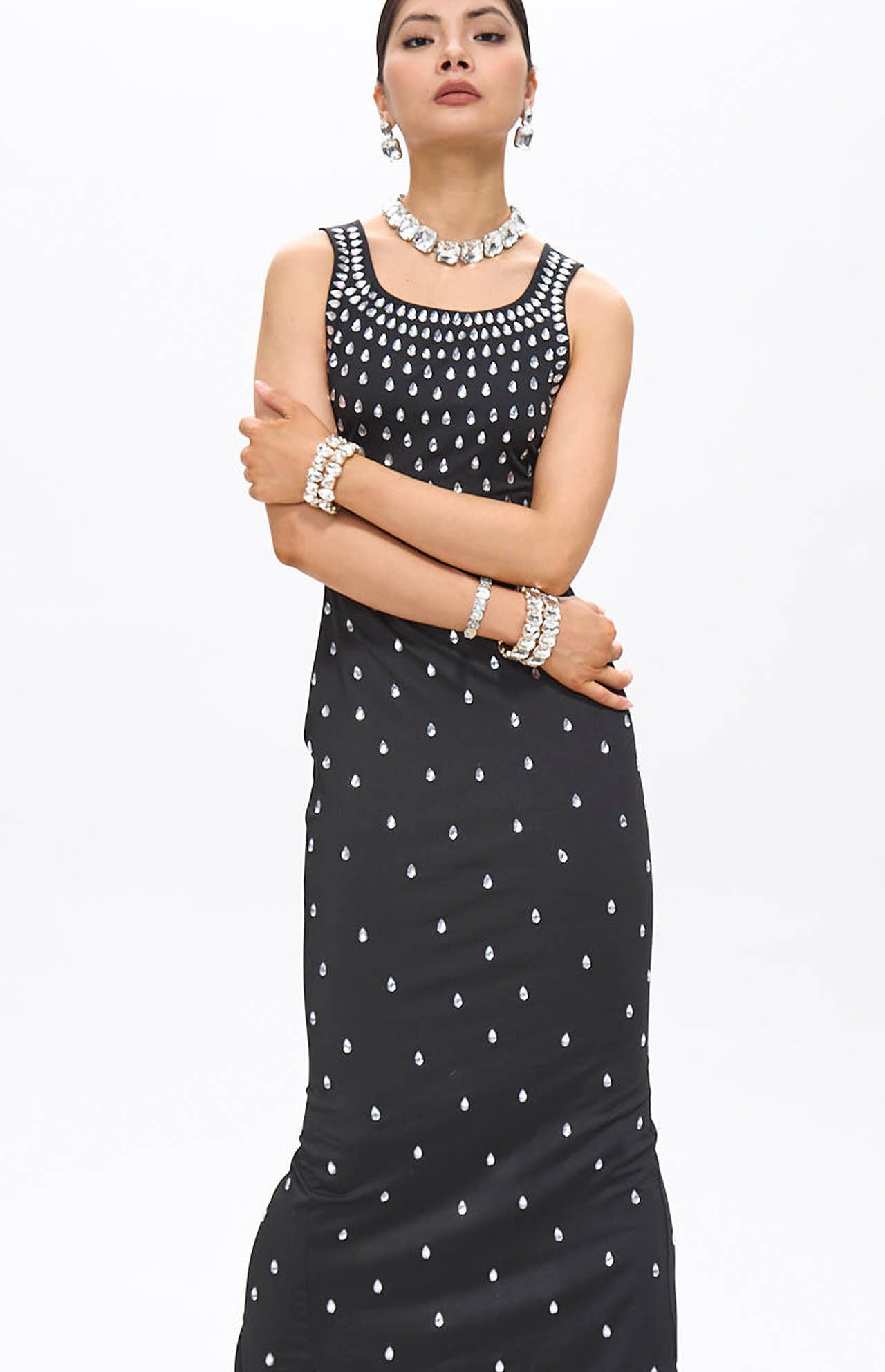 Zaka Black Embellished Crystal Maxi Dress