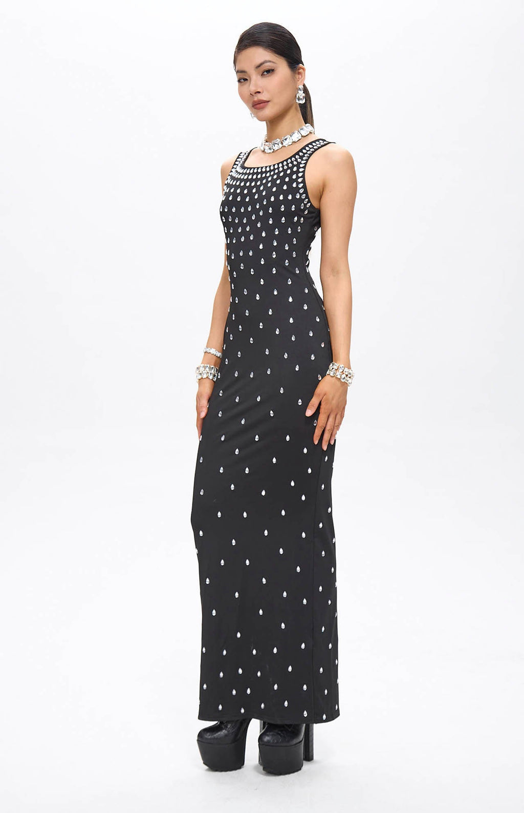Zaka Black Embellished Crystal Maxi Dress