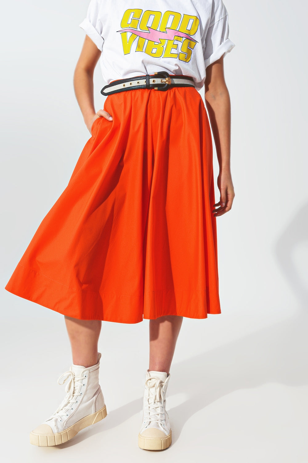A-Line Skirt with Elastic Waist Band  in Orange