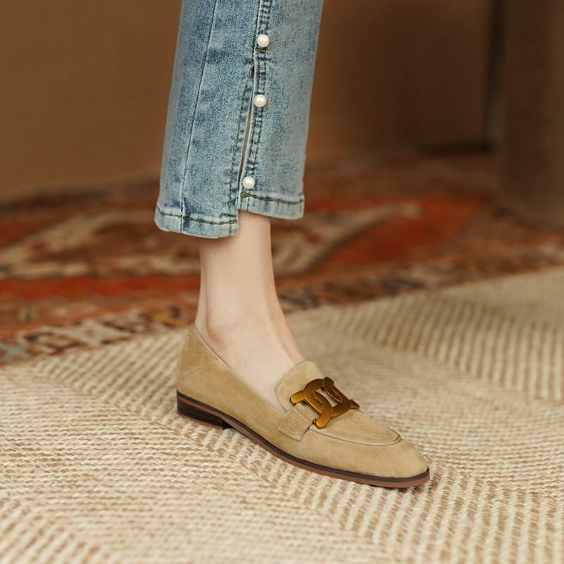 Women's Retro Metal Buckle Suede Loafers | Platform Chunky Heel Slip-On