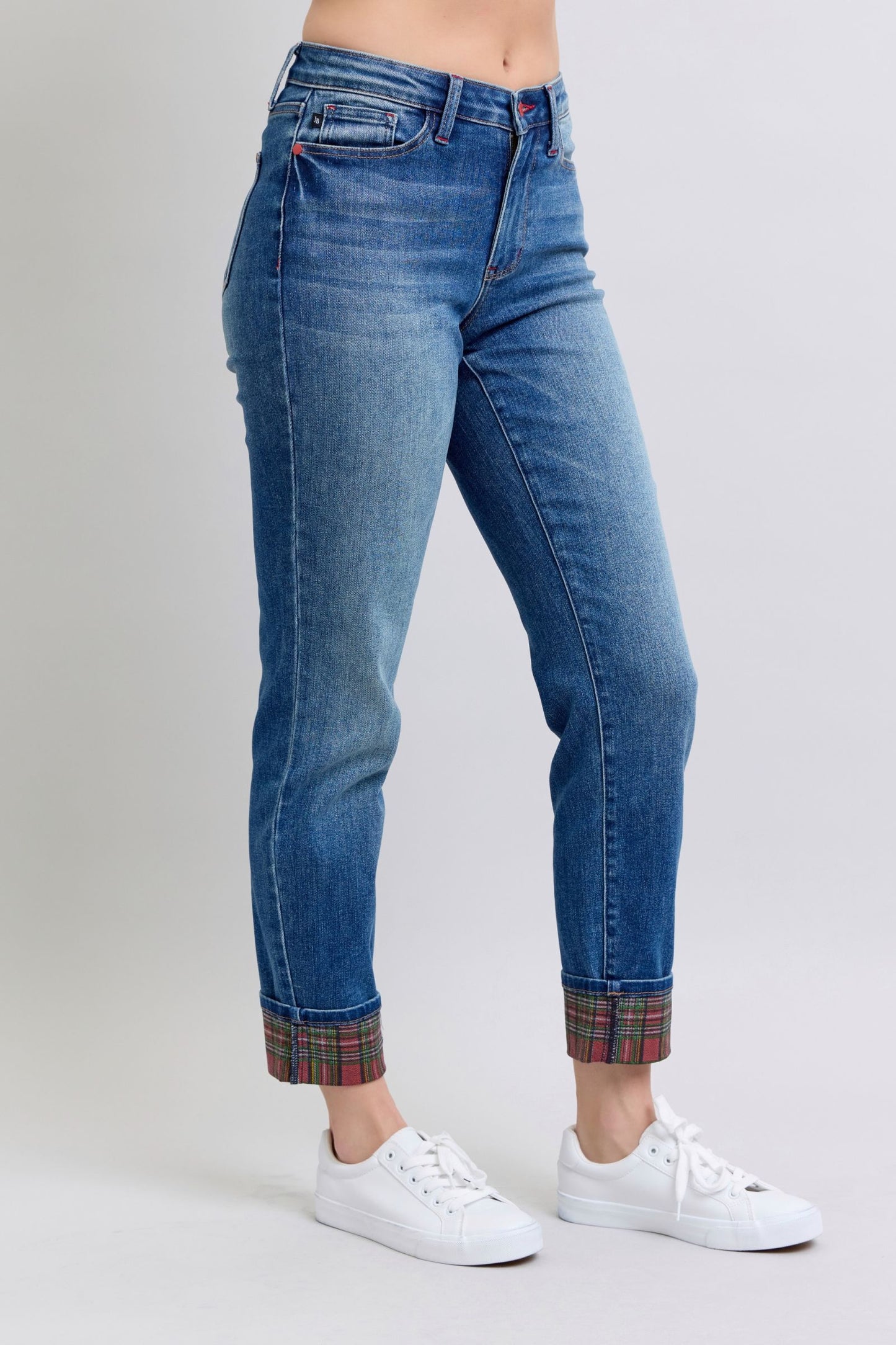 Straight Leg Jeans with Plaid Print Cuff