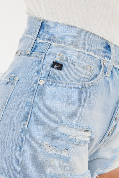 Mid Wash Distressed Button Fly Denim Shorts