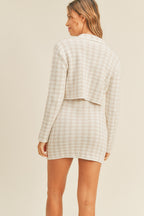 Houndstooth Cropped Knit Cardigan and Mini Skirt Set Dusty Pink
