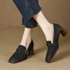 Women's Retro British Style Chunky Heel Leather Shoes | Round Toe Commuter