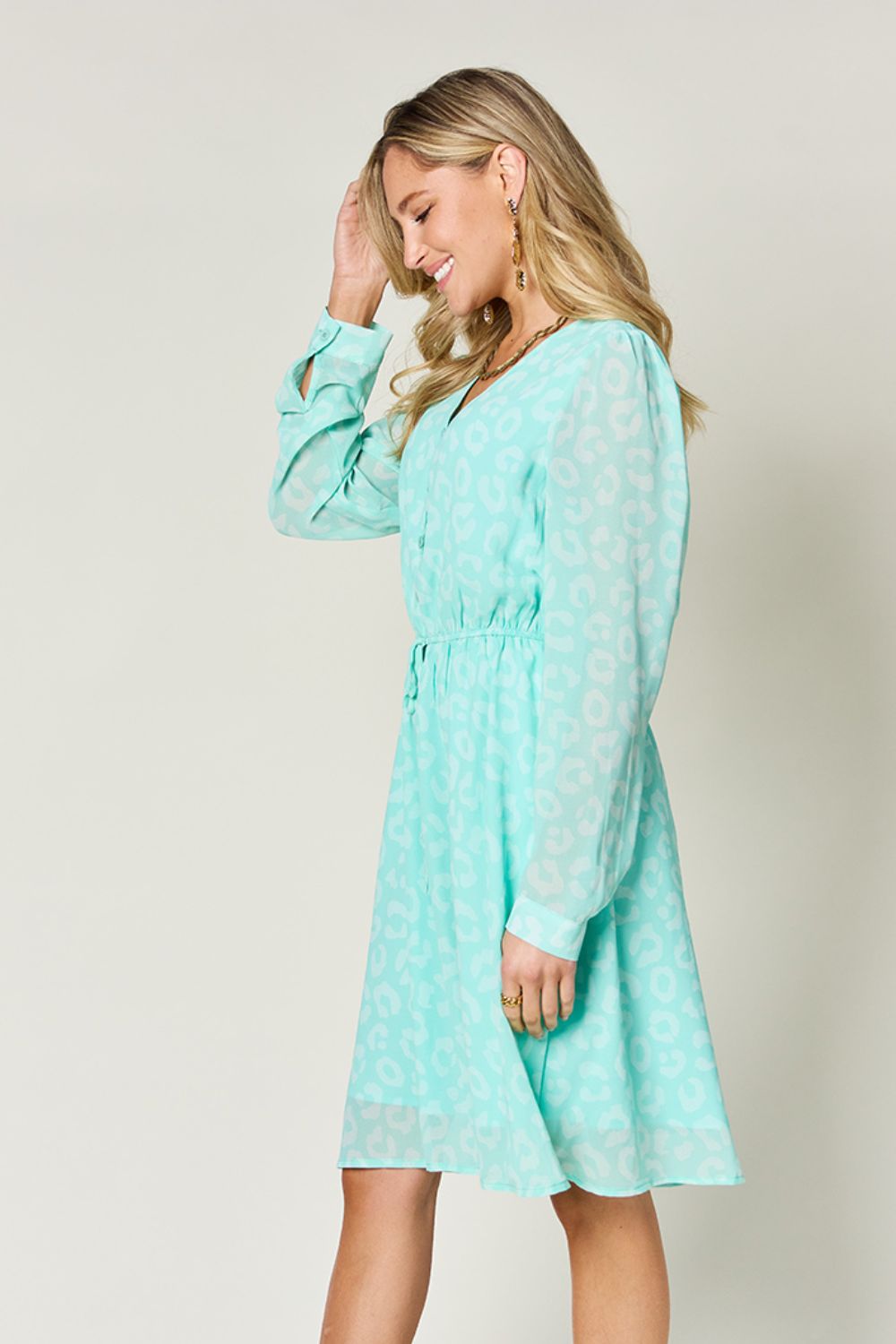 Double Take Printed Ruched V-Neck Long Sleeve Dress