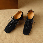 Women's Retro Sheepskin Square Toe Chunky Heel Pumps | Lace-Up Mid Heel