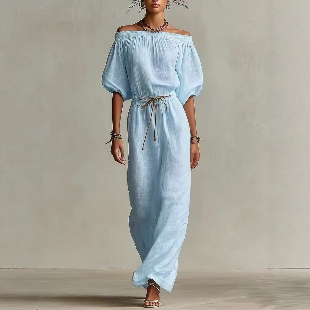 Women's Linen Pants Suit | Solid Color Lantern Sleeve Set
