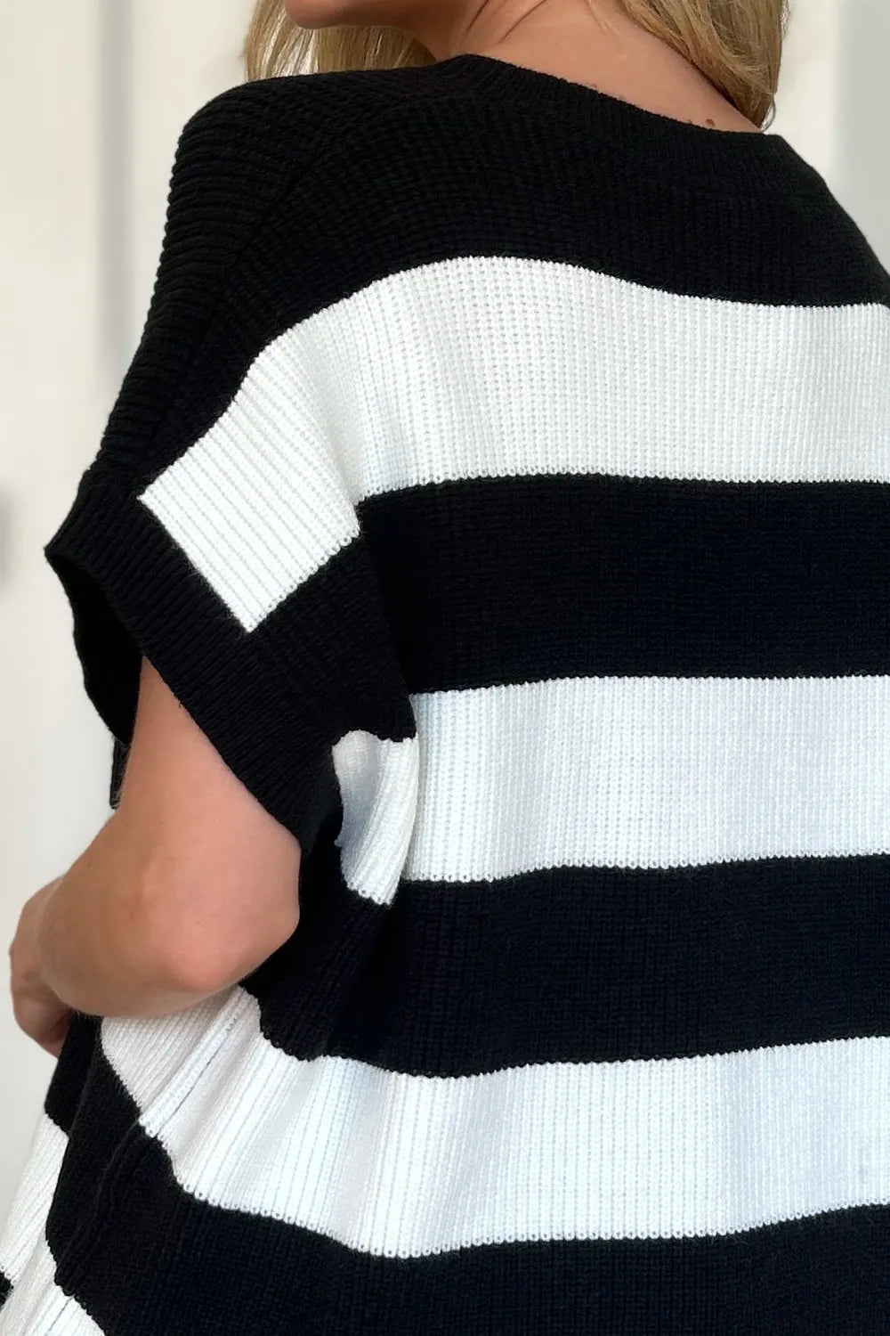 Double Take Striped V-Neck Short Sleeve Sweater