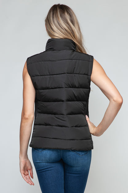 Zip-Up Turtleneck Vest with Pockets Black