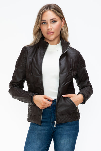 Faux Layered Double-Zipper Jacket with Fuzzy Hood Dark Choco