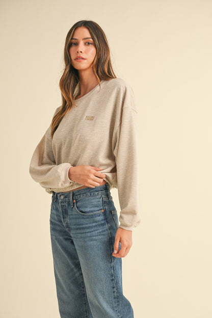 Letter Embroidery Crop Sweatshirt Taupe