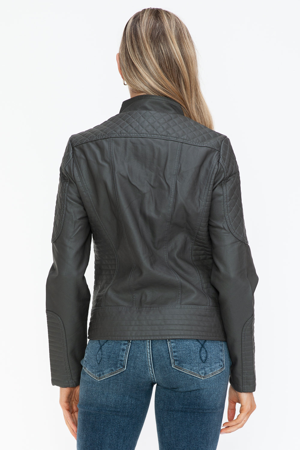 Charcoal Faux Leather Zip-Up Mock Neck Jacket