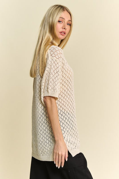 Side Slit Openwork Half Sleeve Knit Cover Up