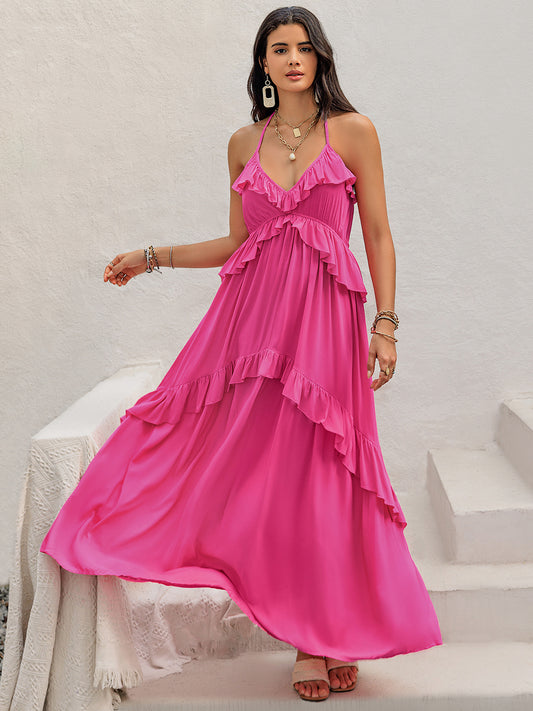 Ruffled Halter Neck Maxi Dress Hot Pink