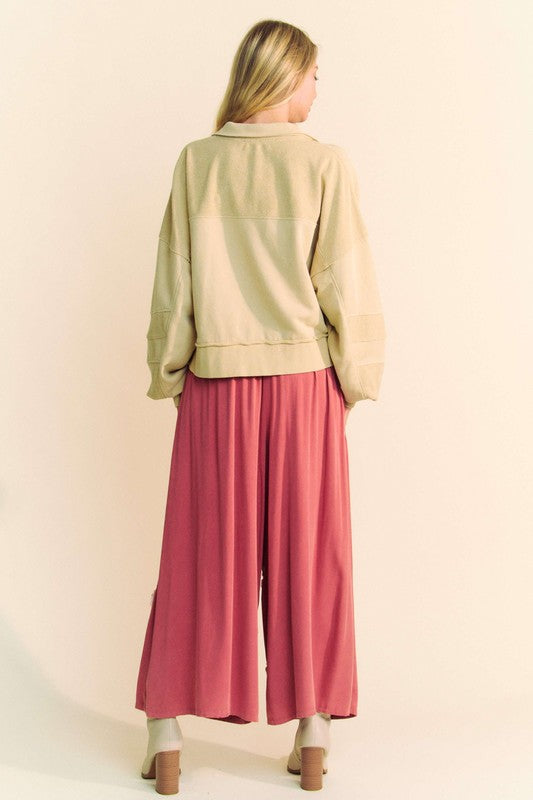 Smocked Waist Flower Patch Wide Leg Pants Red