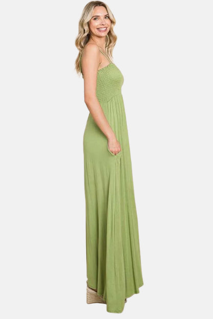 Smocked Cami Maxi Dress with Pockets Olive