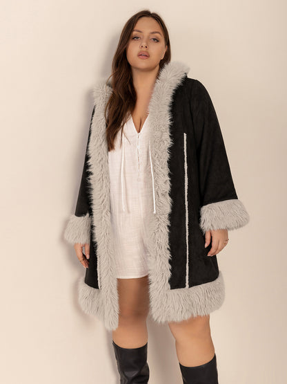 Fuzzy Trim Open Front Long Sleeve Hooded Coat