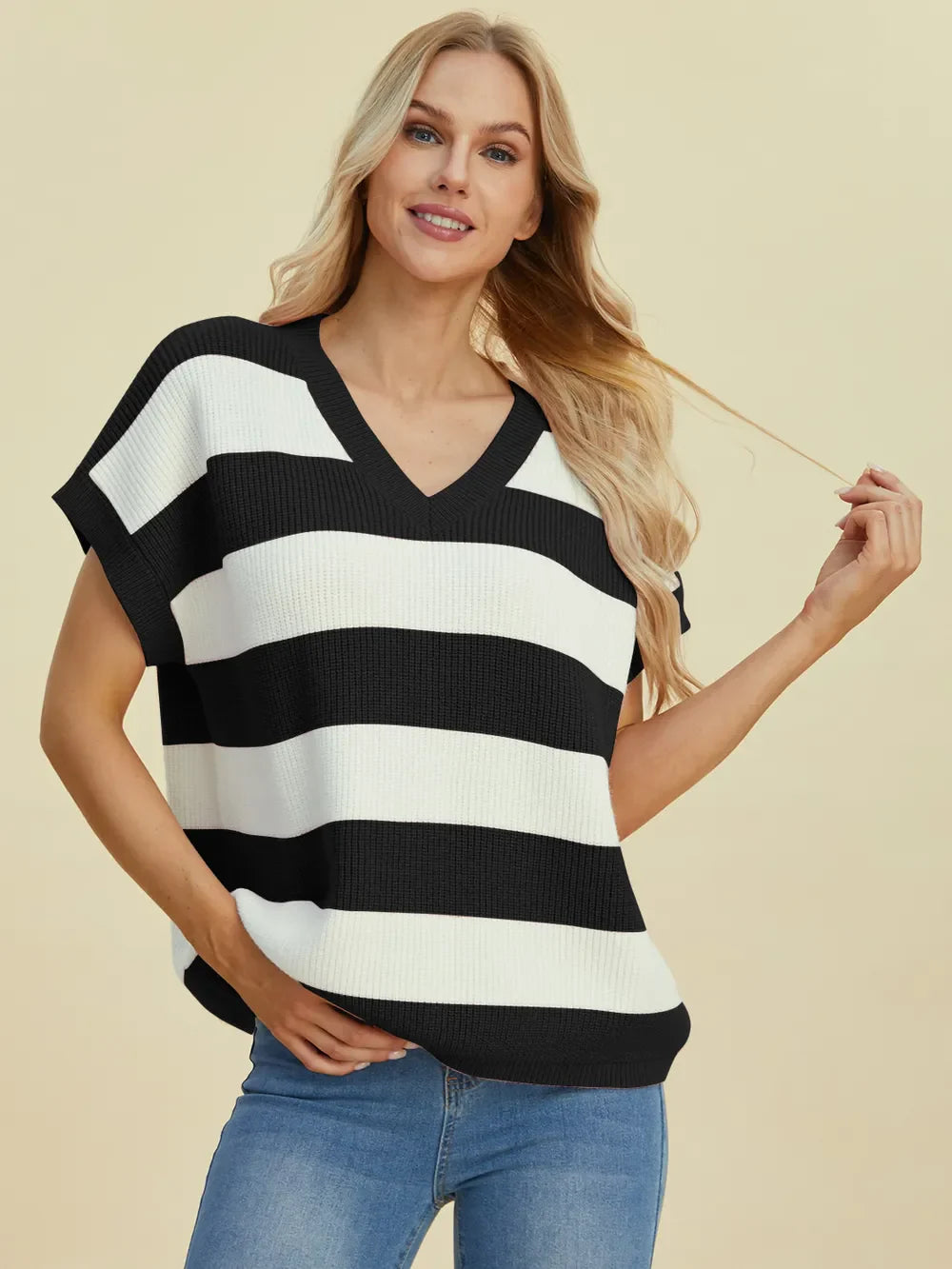 Double Take Striped V-Neck Short Sleeve Sweater