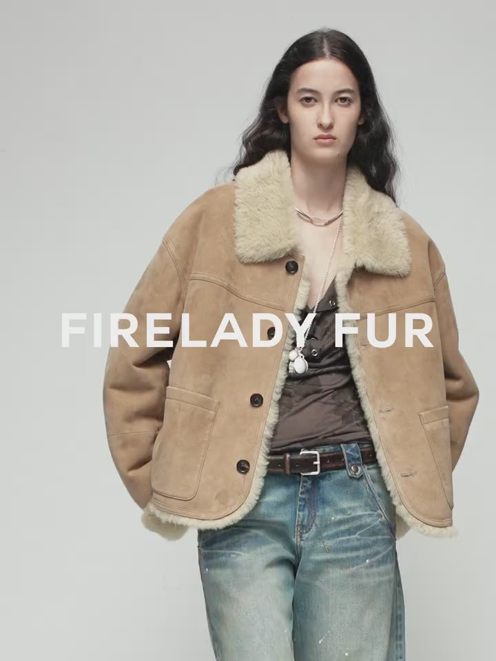 Firelady Fur Contrast Collar Shearling Coat with Shaved Leather Trim & Merino Shearling