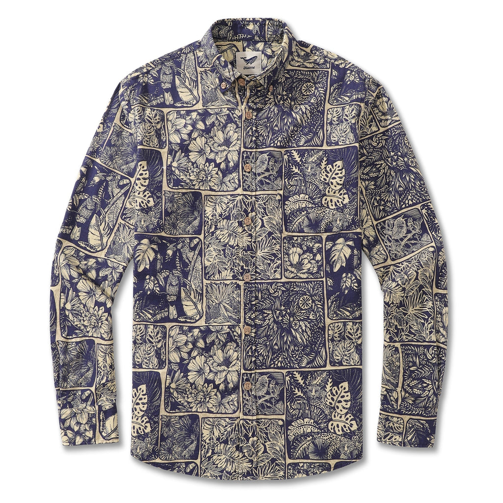 Vintage Men's Hawaiian Jungle Cotton Button-Down Long Sleeve Aloha Shirt