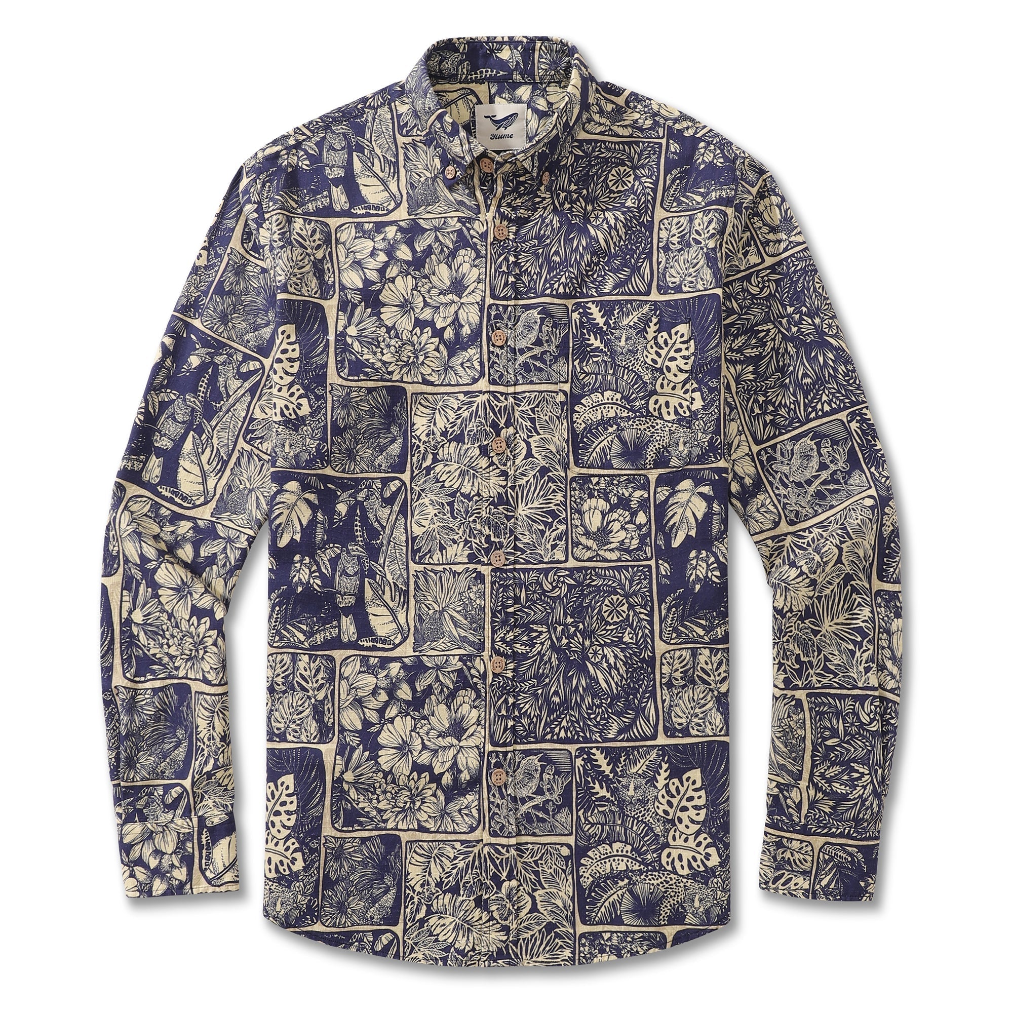 Vintage Men's Hawaiian Jungle Cotton Button-Down Long Sleeve Aloha Shirt