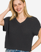 Zenana Textured Knit V-Neck Cropped Sweater