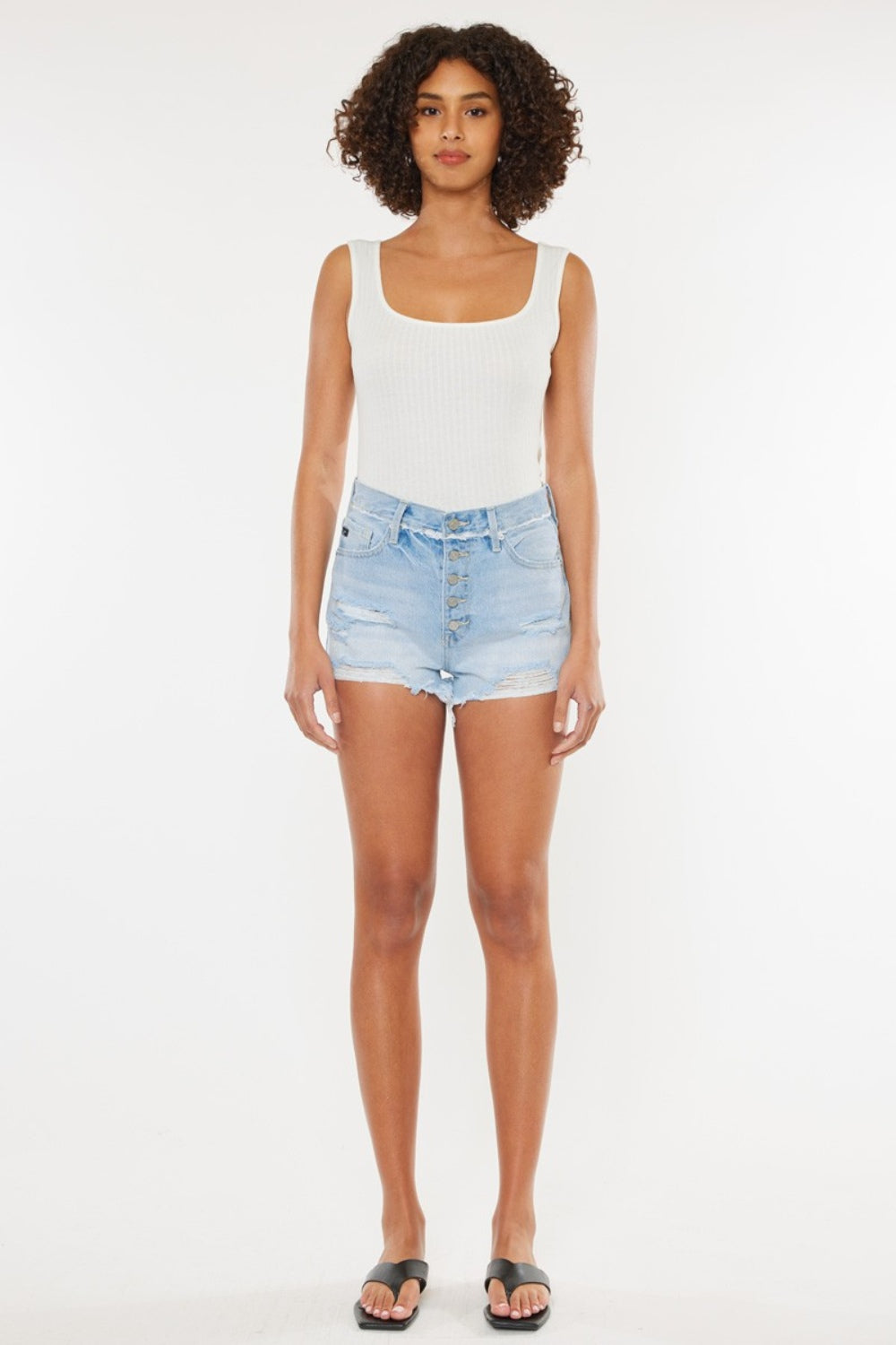 Mid Wash Distressed Button Fly Denim Shorts