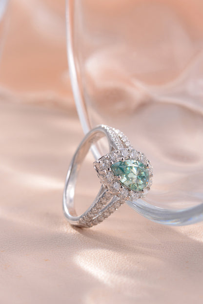 Green Teardrop Moissanite Silver Ring