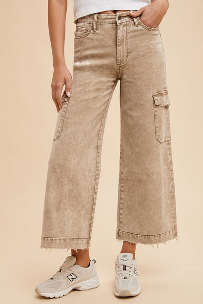 Raw Hem Wide Leg Jeans with Cargo Pockets Brown