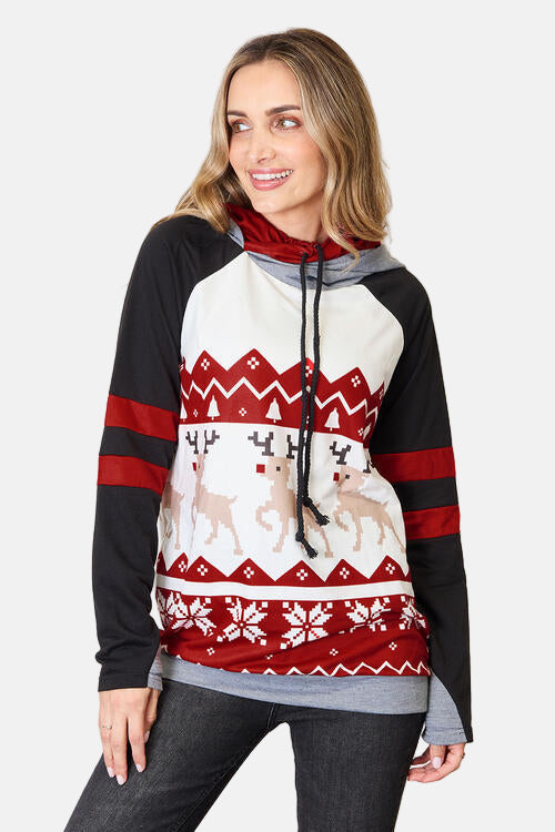 Double Take Christmas Drawstring Long Sleeve Hoodie