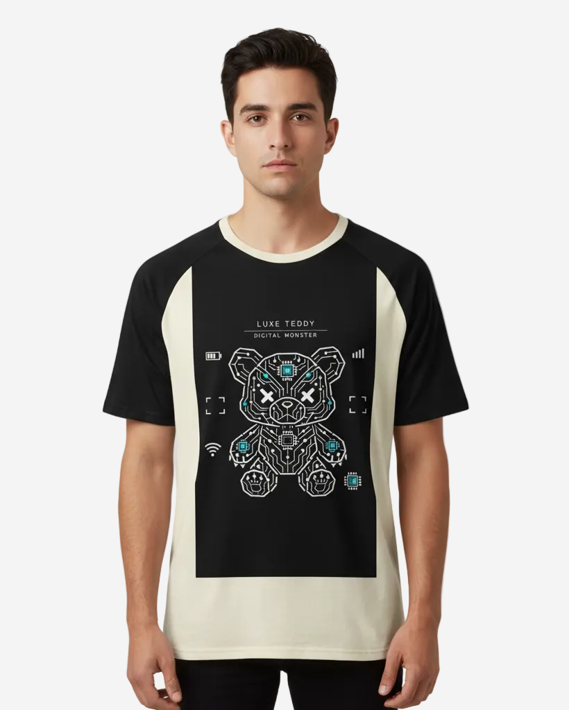 Men’s Cotton Crew Neck Tee 'Digital Monster' | Black & Sand
