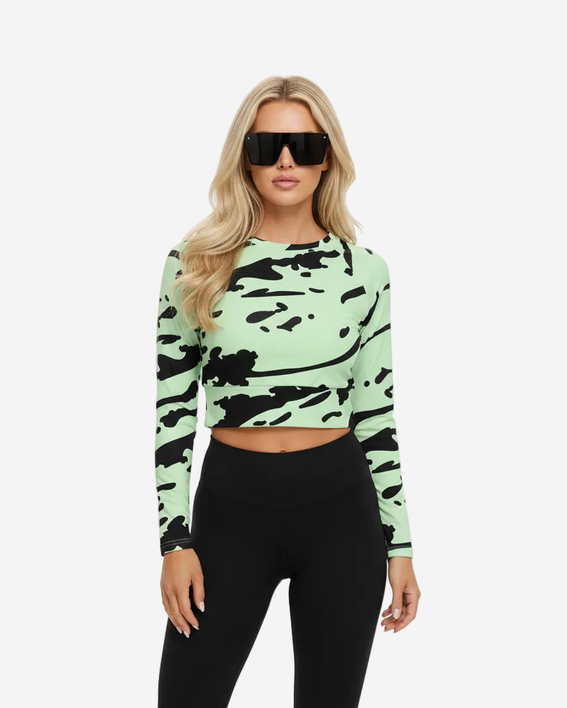 Camelia Long Sleeve Cropped Top in Green and Black