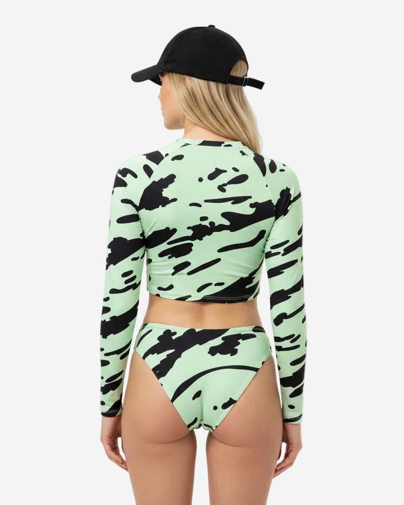 Camelia Long Sleeve Cropped Top in Green and Black