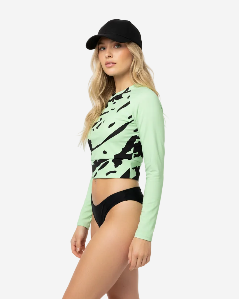 Camelia Long Sleeve Cropped Top in Green and Black