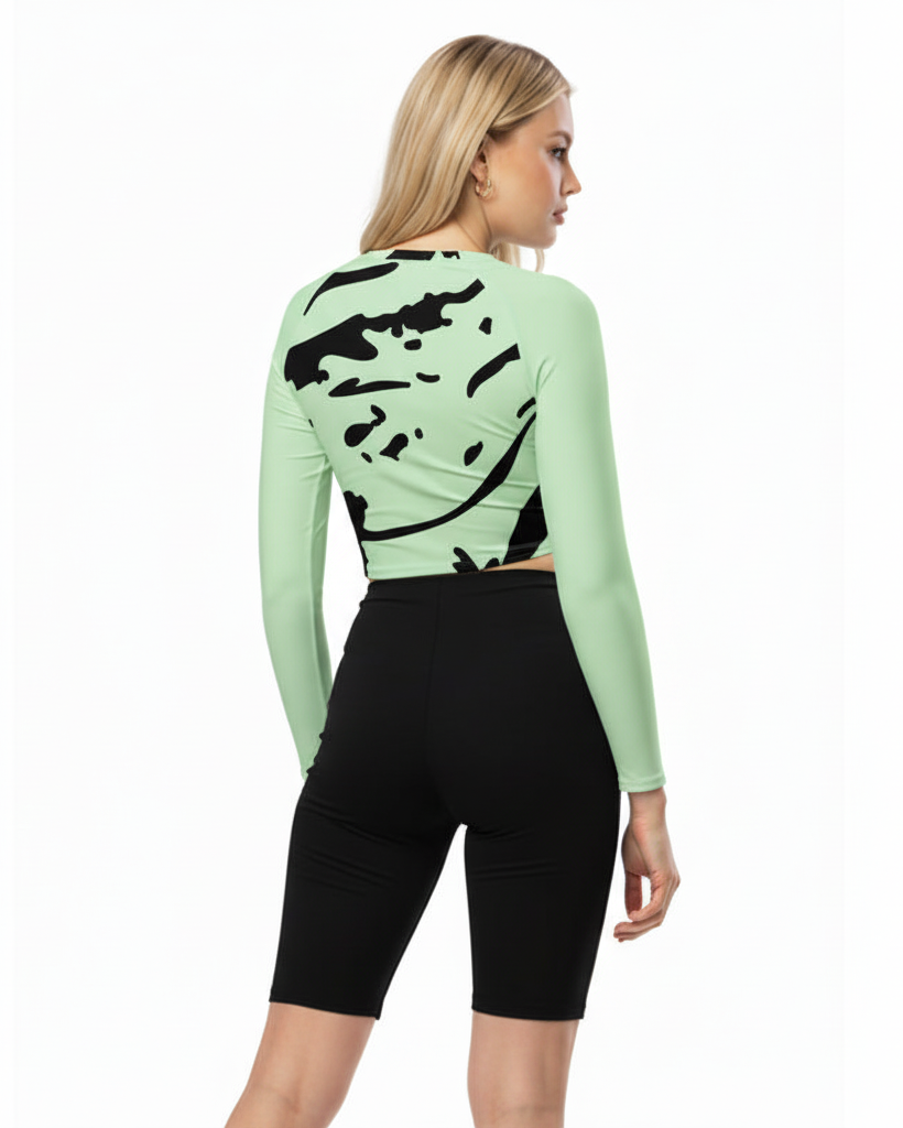 Camelia Long Sleeve Cropped Top in Green and Black