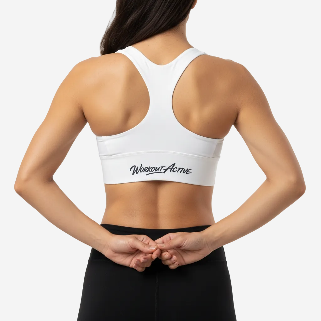 Workout Active Sports Bra with Back Logo Script | White