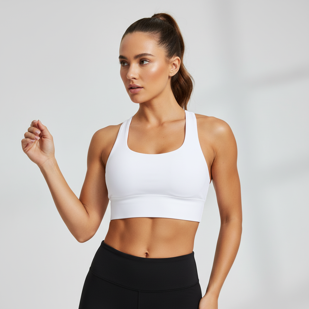 Workout Active Sports Bra with Back Logo Script | White